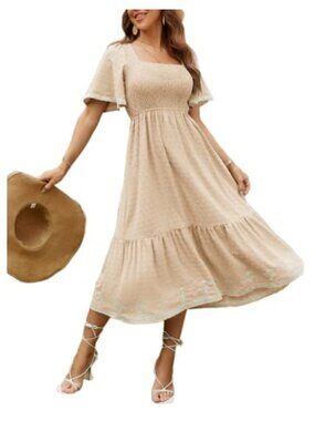 Women's Smocked Square Neck Short Sleeve A-Line Maxi Dress Summer Flowy Tiered